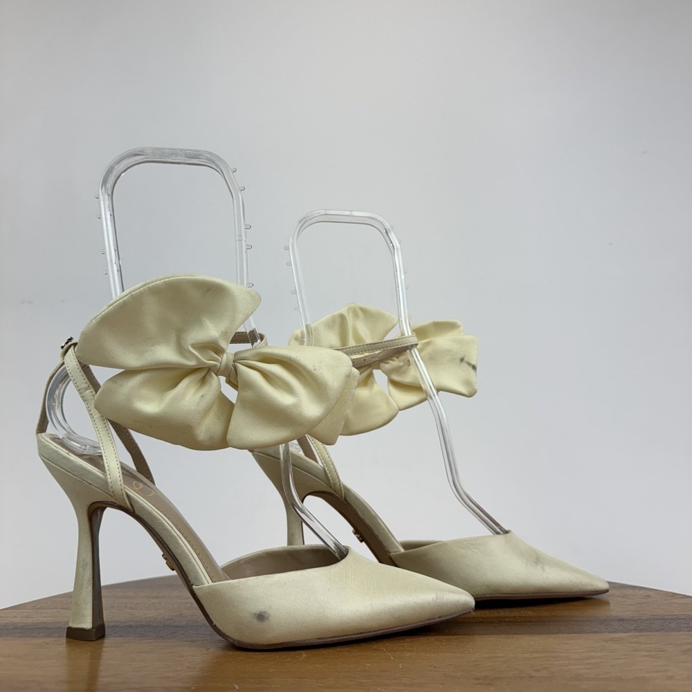 New Womens Sam Edelman Halie Ivory Canvas Bow Weding Ankle Strap Pumps Size 6.5